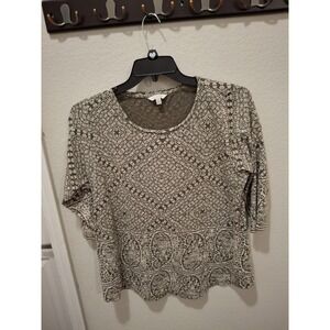 Lucky Brand 1X Olive Green Floral 3/4 Sleeve Bohemian Boho Hippie Blouse